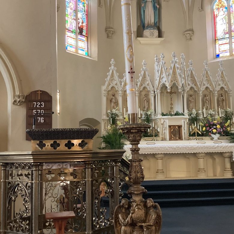 The white carved high altar of St. Mary Church, Corning
